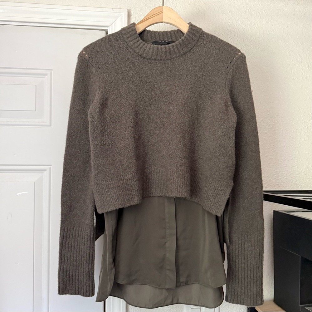 ALLSAINTS grey soft wool blend‎ crew neck attached shirt hem pullover sweater